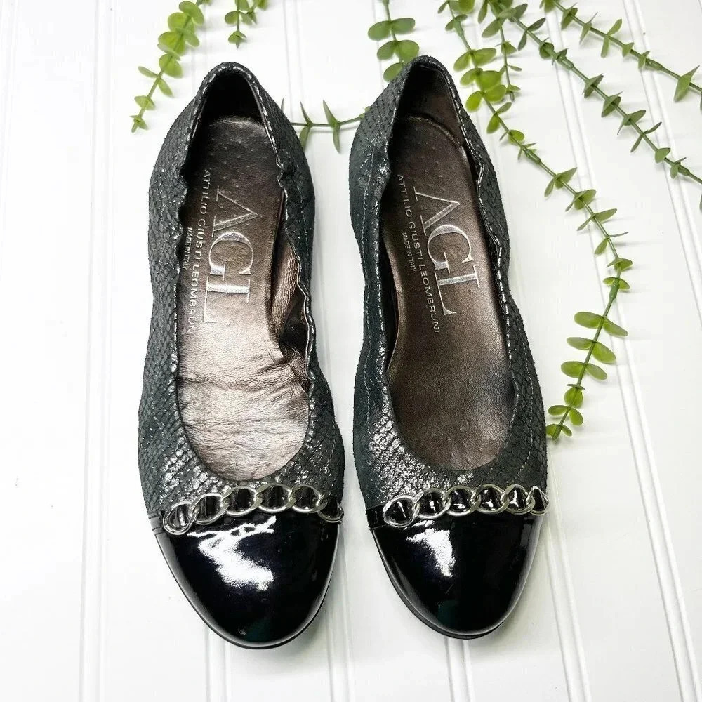 AGL Black Patent & Metallic Snakeskin Slip On Ballet Flats Women's US Size 6.5